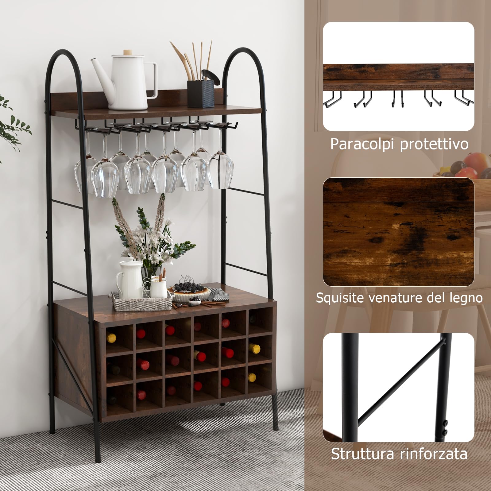 GYMAX Portabottiglie di Vino da Terra per 18 Bottiglie e 15 Calici, 63 x 32 x 114,5 cm, Cantinetta Vino, Portabottiglie Staccabile, 2 Ripiani Aperti, Scaffale Porta Vino per Casa Bar, Marrone