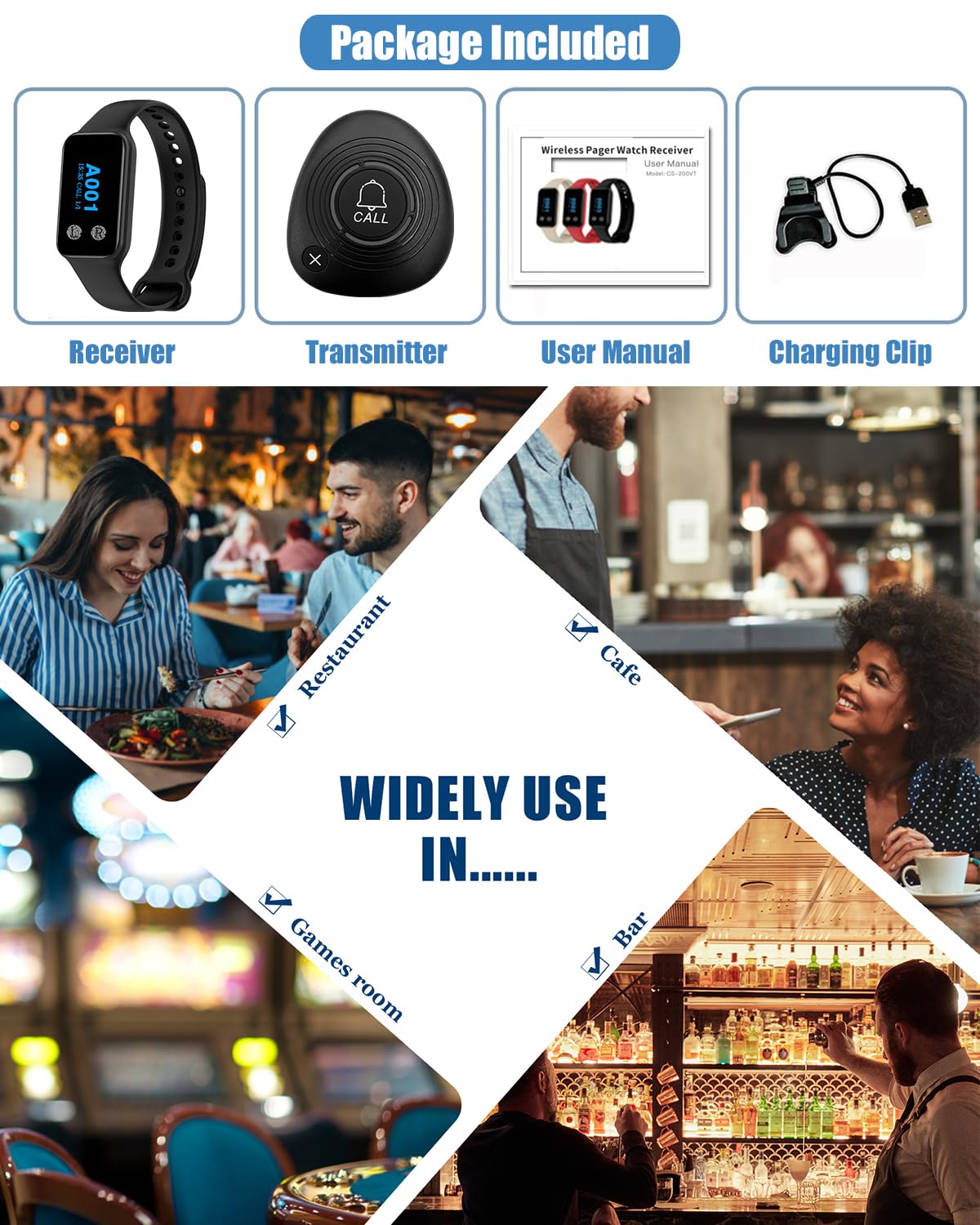 Système d'appel sans Fil pour serveurs, système de téléavertisseur pour Restaurant, récepteur de Bracelet, avec 1 Montre-bip étanche et 10 Boutons d'appel (200VT+M2)