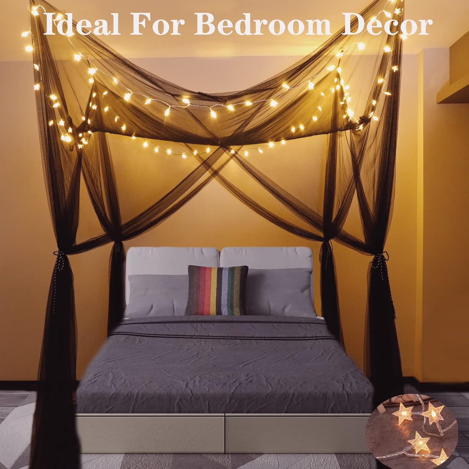 OYCBUZO Black Canopy Bed Curtains with Lights, 4 Corner Post Canopy with 100 LED Star String Lights Battery Operated for Girls Adult Room Full Queen King Size Bedroom Halloween Decorations