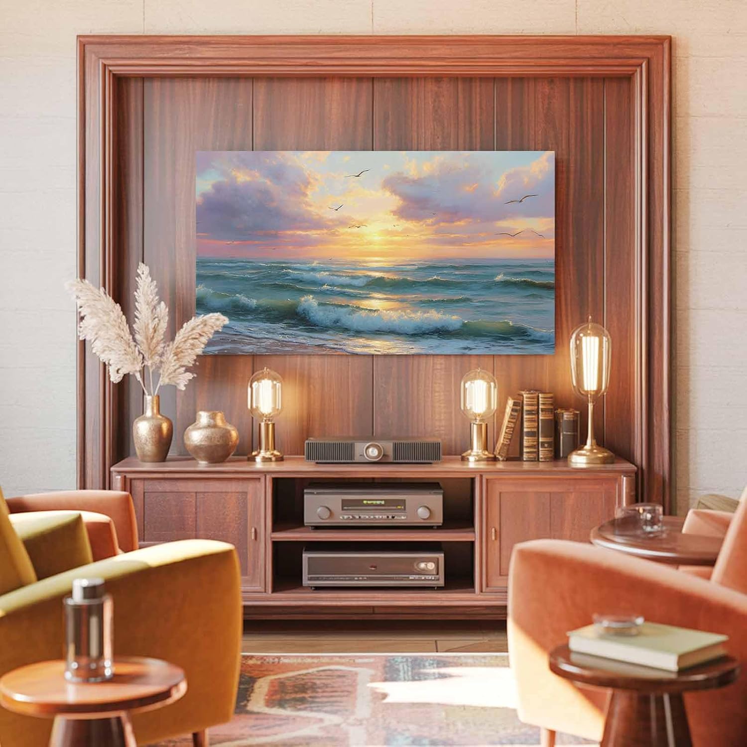 Summer Ocean TV Dust Cover 85 Inch, Oil Painting Green Sea Sunset Beach Computer Monitor Cover Dustproof Stretchable Indoor TV Screen Protector for LED LCD Universal Monitors