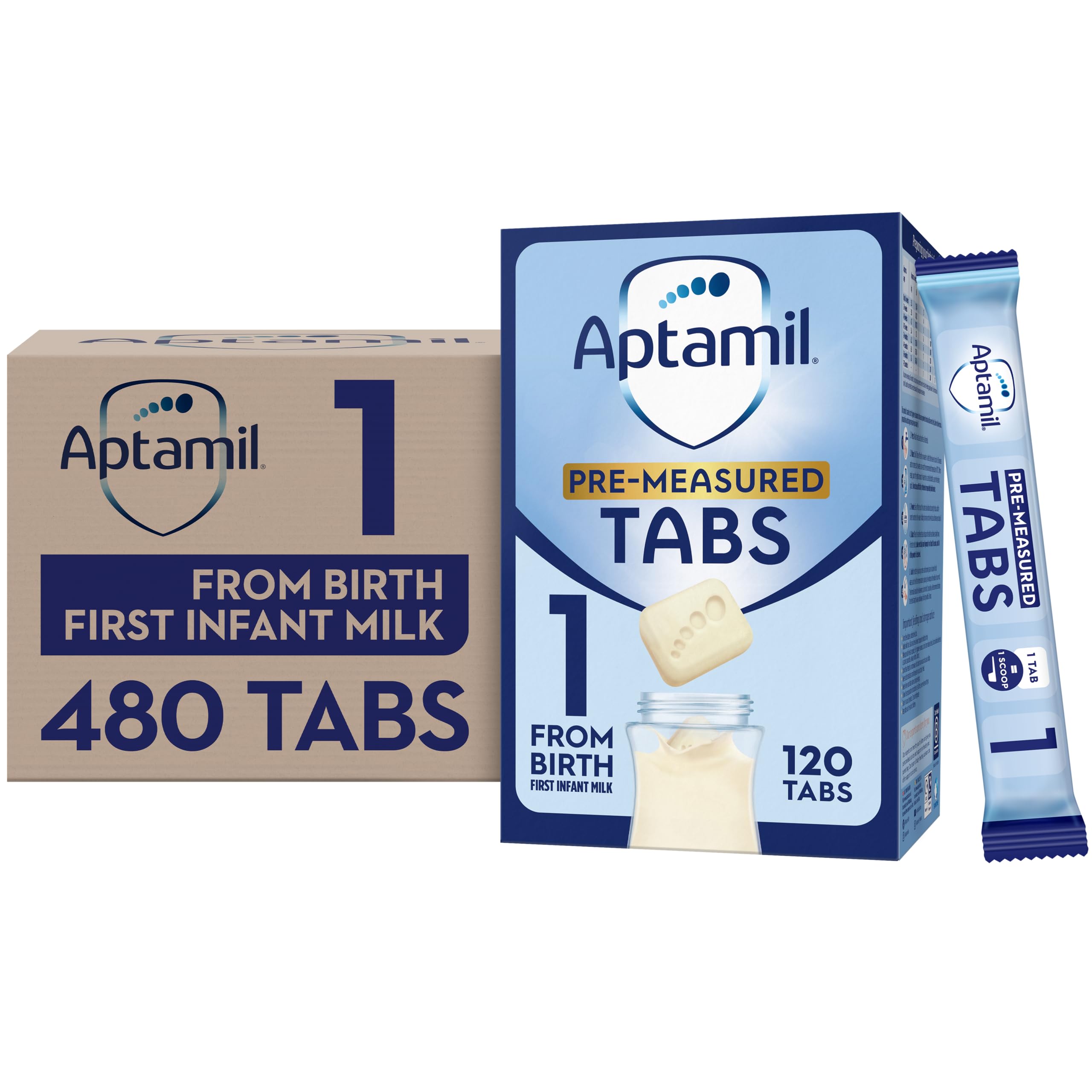 Aptamil1 First Baby Milk Formula Pre-Measured Tabs, From Birth, 120 Tabs (Pack of 4) - 1 tab = 1 scoop (23g)