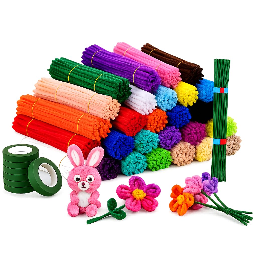 DIY Craft Kit | 200 Colorful Pipe Cleaners, 20 Floral Sticks & 2 Floral Tapes | Chenille Stem Craft Set for Kids | Flower Making, School Projects, Art & Craft Supplies | Random Colors-image-26