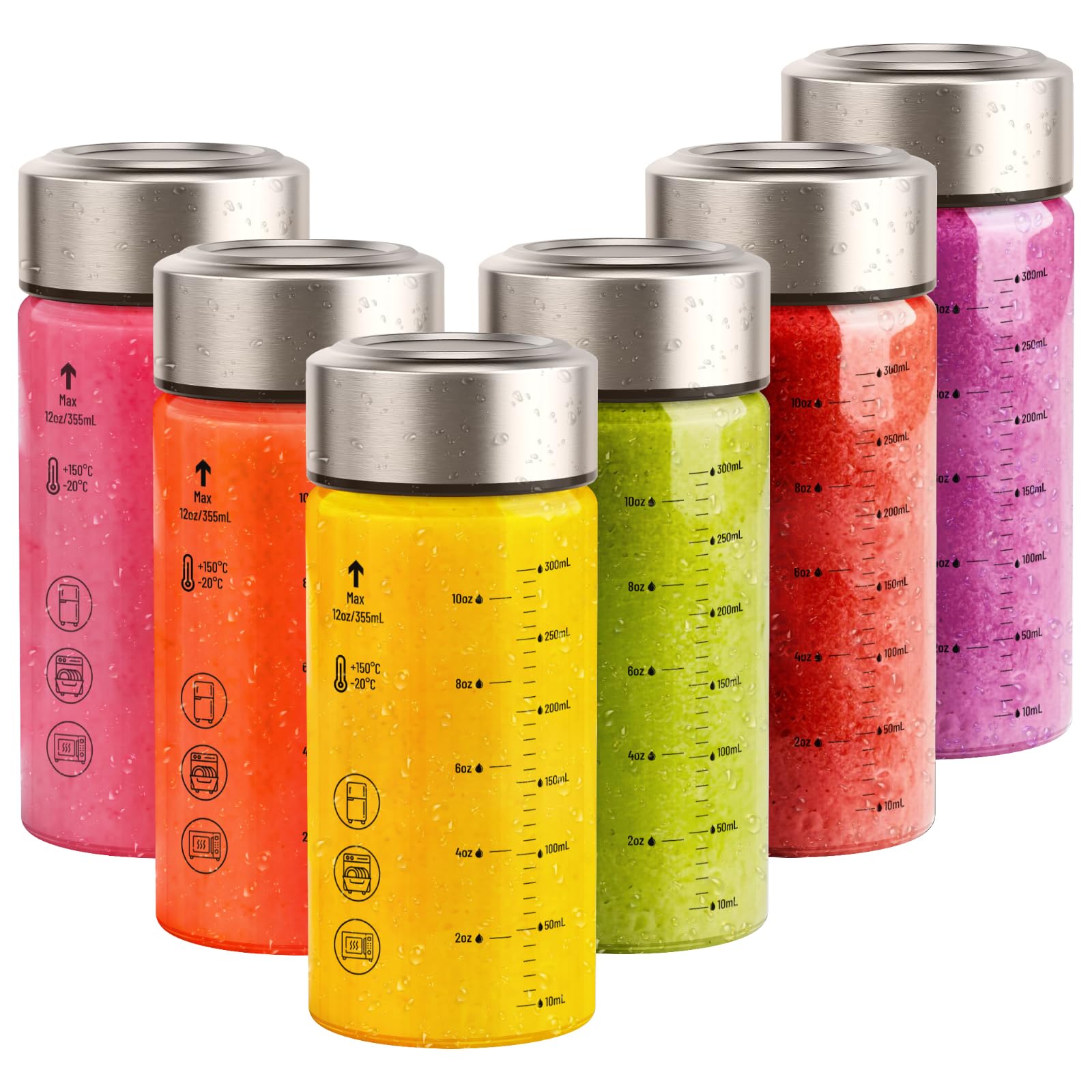 Botellas de vidrio para jugo, paquete de 6 botellas de vidrio de borosilicato de boca ancha con tapas, resistentes al calor, a prueba de fugas, sin BPA, reutilizables para jugos, licuados