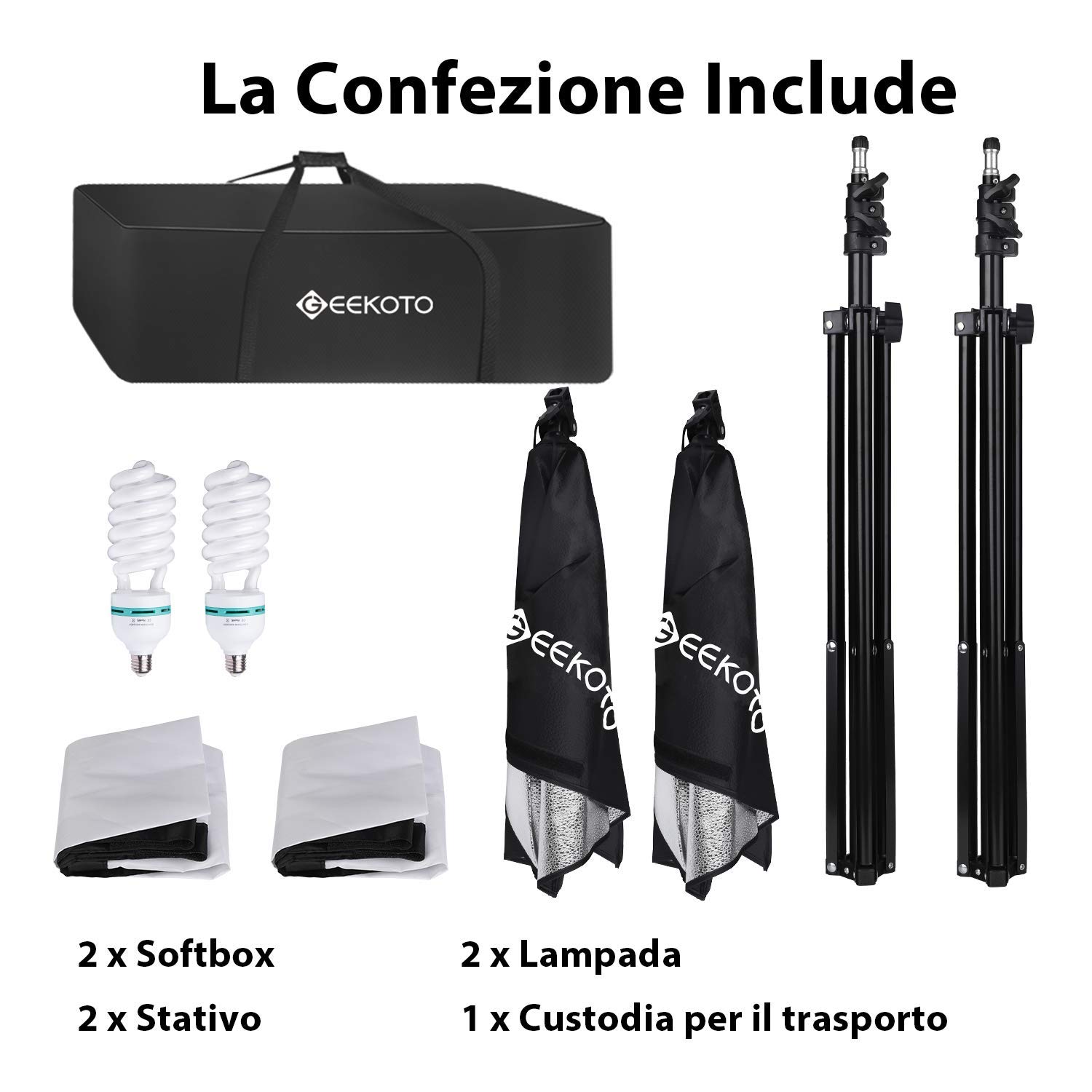 GEEKOTO Softbox Kit di Illuminazione 50 x 70cm, Luci da Studio Fotografico con 2 Lampadine E27 85W 5500K, 2m Supporti Regolabili per Ritratti in Studio, Fotografia Prodotti, Foto di Moda, Video, ecc.