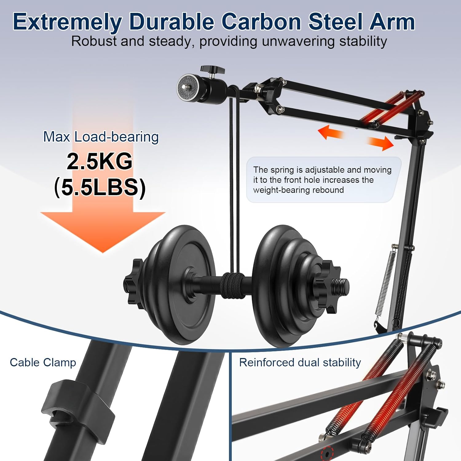 Overhead Camera Mount,Camera Desk Mount with 360° Adjustable Arm and Phone Holder,Max Load-Bearing 5lb,Desk Clamp Stand for Content Creation and Live Streaming,DSLR,Webcam,Mic,Ring Light