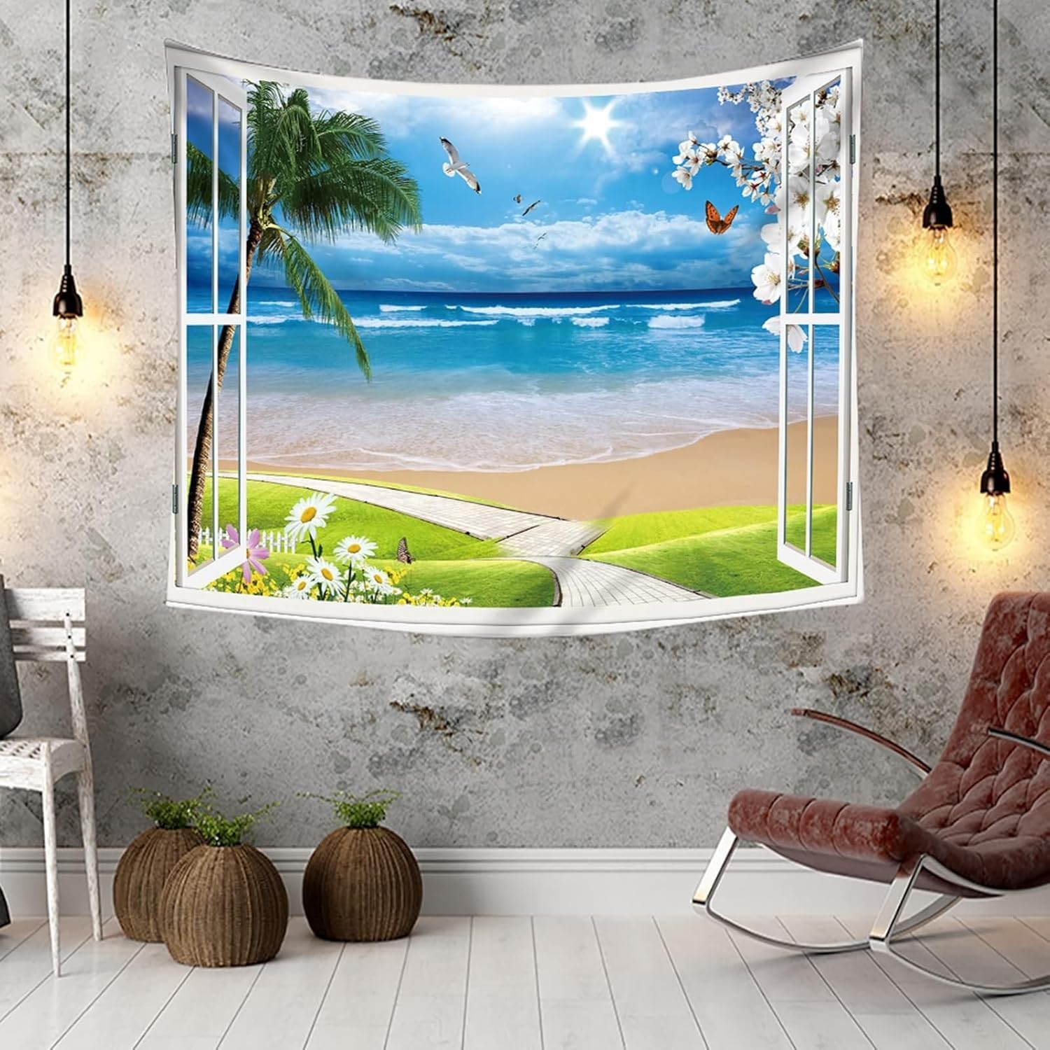 PUOJIEAT Gobelin ścienny ocean wiszący widok na okno 3D gobeliny dekoracje ścienne tkanina z mikrofibry do domu salon sypialnia 240x260 cm 1152-GT