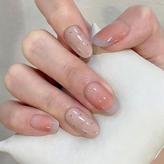 30pcs Press On Nails, Medium Almond, Nude Gradient, French Polka Dot Nails, Reusable Press On Nails with Jelly Adhesive Tabs, 30pcs