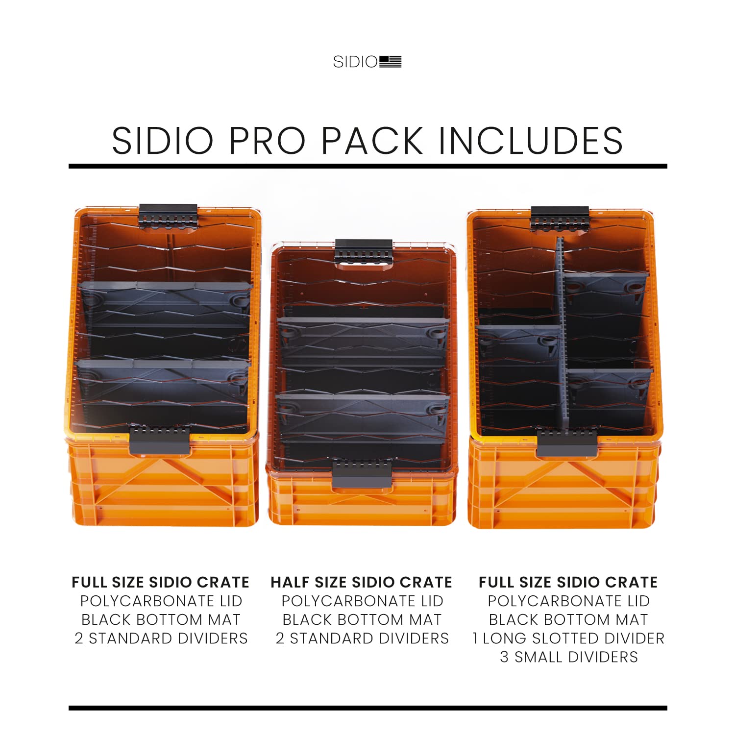 SIDIO Crate Pro Pack - 2 Full-Size 1 Half-Size Heavy Duty Stackable Storage Bins Totes and Containers with — view 2