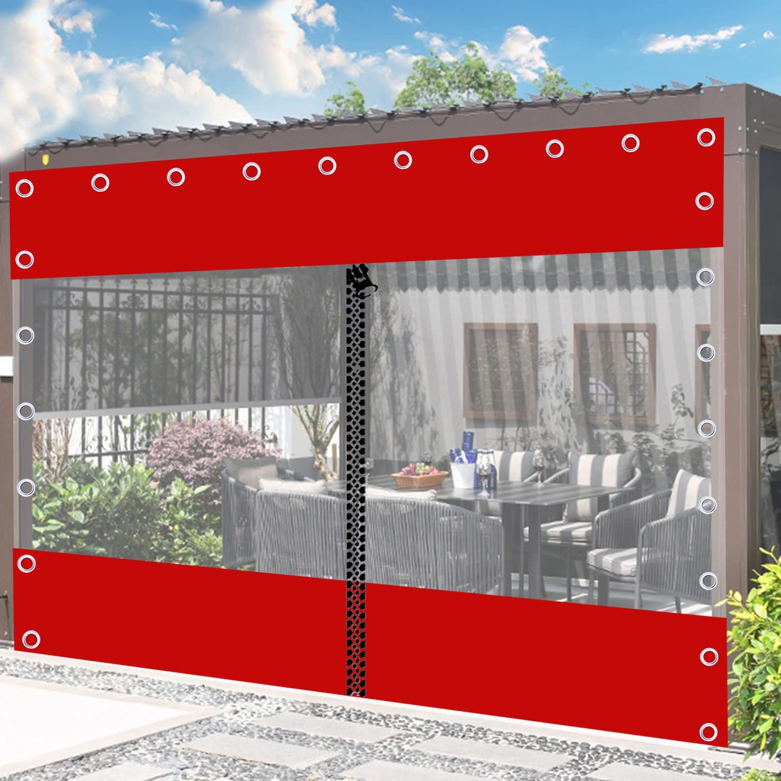Wasserdichte Kunststoffplane mit Seitenteilen für Überdachung, Terrasse, Autounterstand, wasserdichter Vorhang mit Reißverschluss für Balkon, Pavillons, Veranda (5 x 2,5 m)