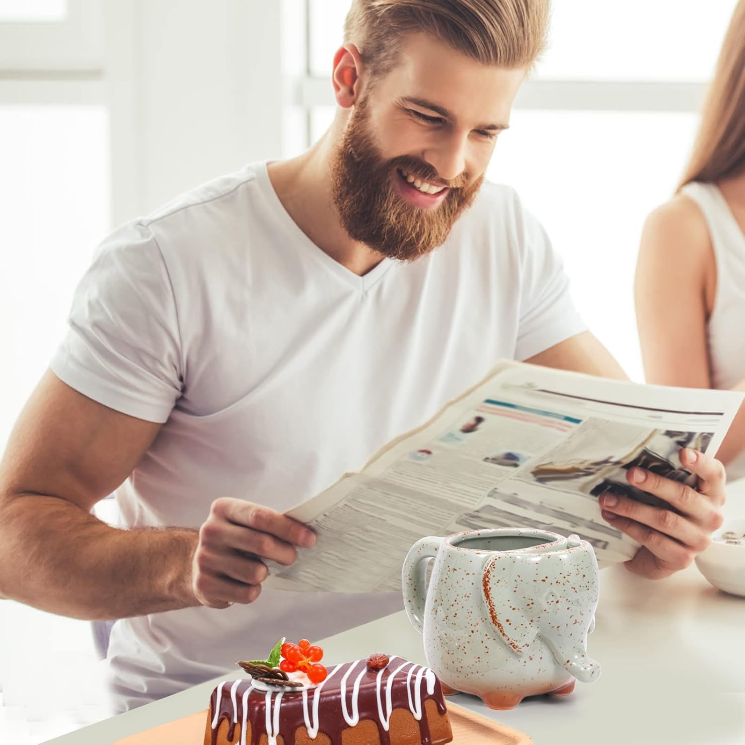 Ceramic Tea Mug Elephant Cup Ceramic 15oz Tea Mug with Tea Bag Holder Unique Cup Great for a Tea Lover elephant gifts for women (White)