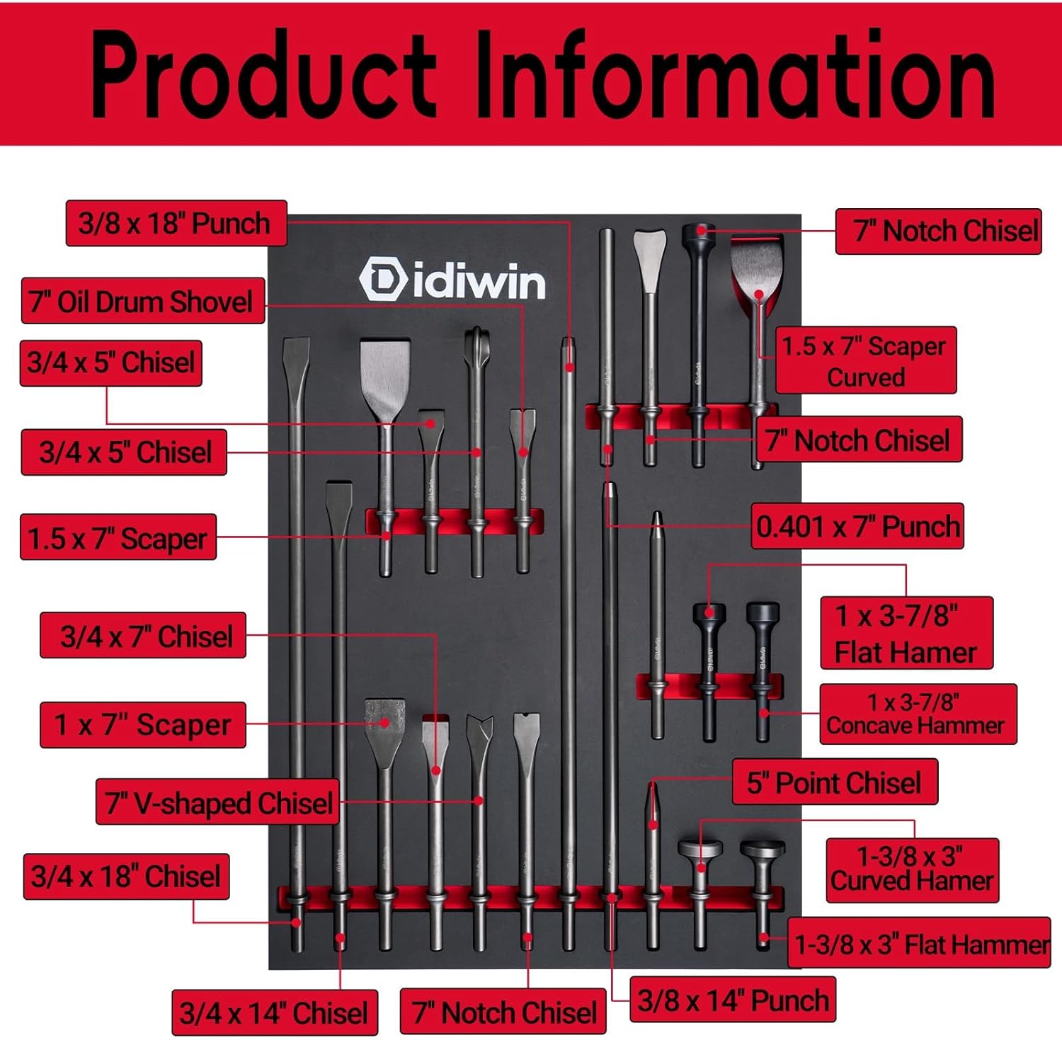 Air Hammer Bits 22-Piece with Foam Organizer, 0.401" Shank, 42Cr-Mo Air Hammer Attachments, HRC60, Heat-treated, Rolled Rust-resistant Oil Treatment, Air Chisel Bits