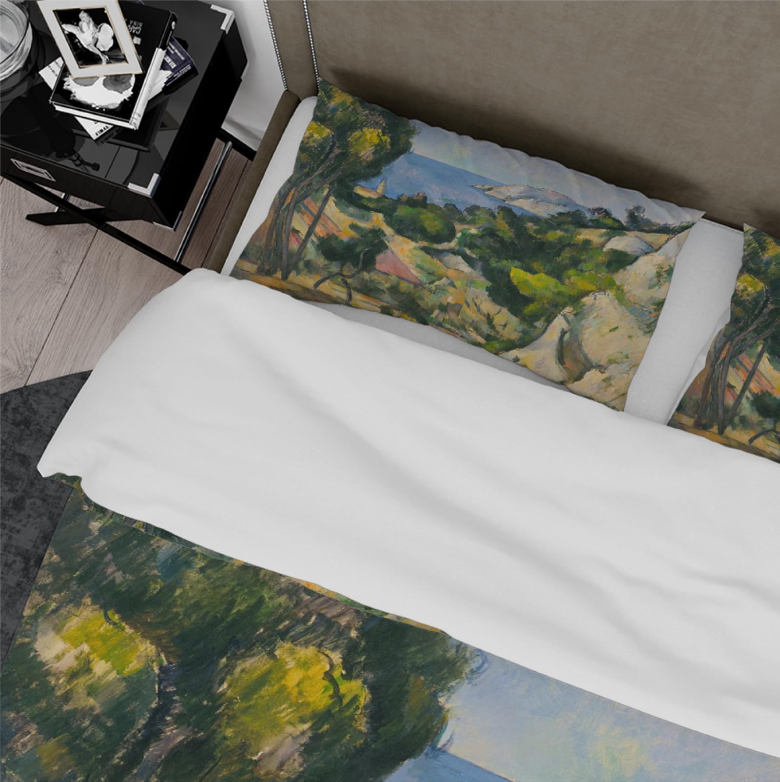 Zielona pościel roślinna, komplet pościeli z zamkiem błyskawicznym i narożnymi tasiemkami, 2 poszewki na poduszki, bez prześcieradła, wzór Cézanne, 3-częściowy zestaw pościeli 260 x 220 cm