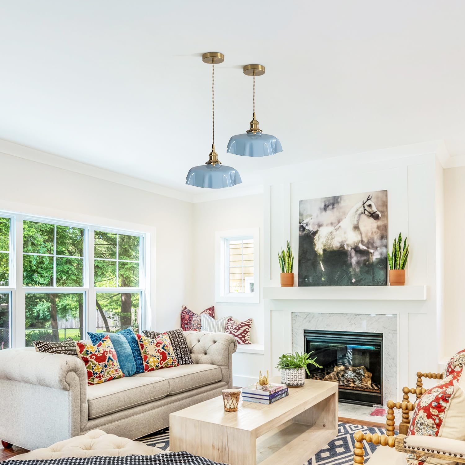 Gold Pendant Light with Vintage Glass Pendant Lampshade,Adjustable Height,E26 Base,Kitchen Dining Room Restaurant,Color Blue