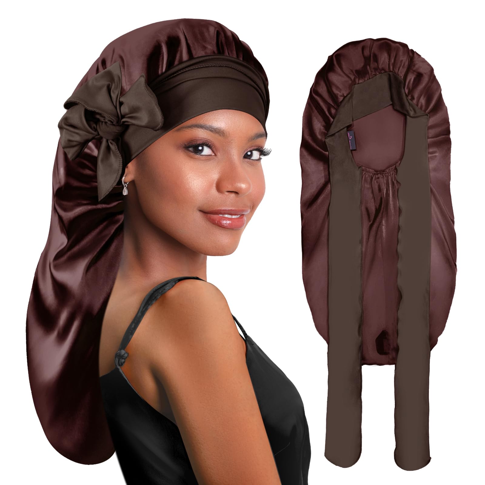 BONNET QUEEN Braid Bonnet Silk Sleeping Foldable Satin Adjustable Big Extra Large Wig Natural Curly Hair Wrap Locs Night Sleep Hat Cap with Tie Band Men Women Chocolate