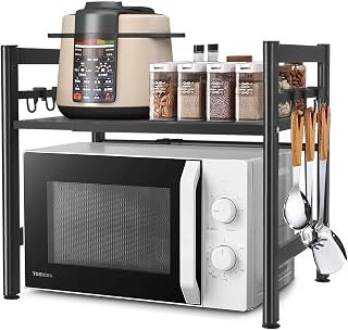Estantería Extensible para microondas, estantería de Cocina, de pie, para microondas, de pie, Organizador de Cocina, con 6 Ganchos, Organizador para encimeras de Cocina (Negro, un-Nivel)