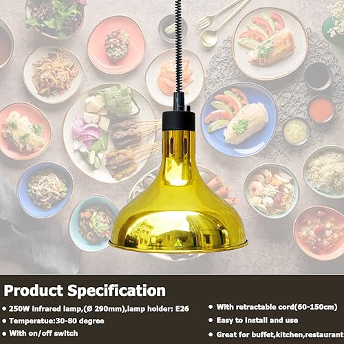 Miniatura 2 de Lámpara colgante de calor de alimentos infrarrojos Calentador de alimentos Fry Luz de calefacción 250W con cable retráctil (Dia29 cm (oro))