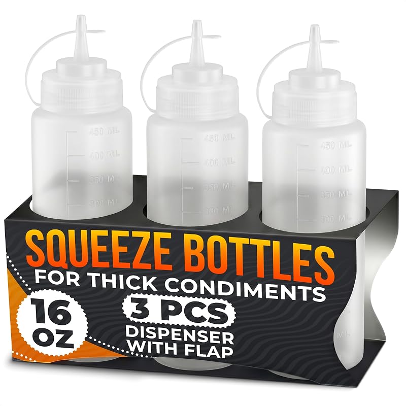 HYQO Frascos Recarregáveis para Molhos com Bico Estreito, 480 mL, Plástico, Pacote com 3