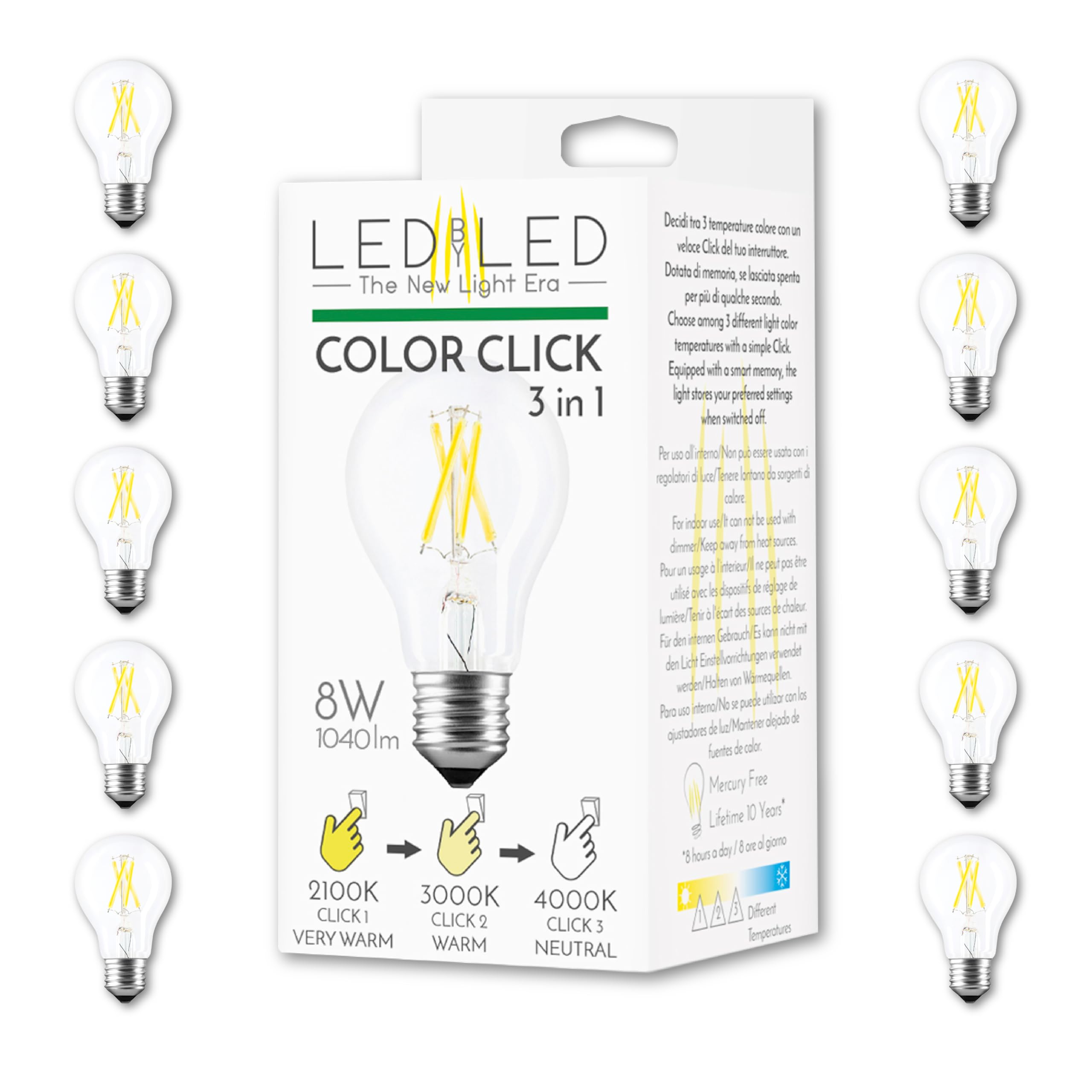 Smart Goccia Color Click Glühbirne 8W, E27, transparentes Glas, variable Farbe 2100-4000-6000K, gerader LED-Glühfaden, 960 Lumen, 10er-Pack