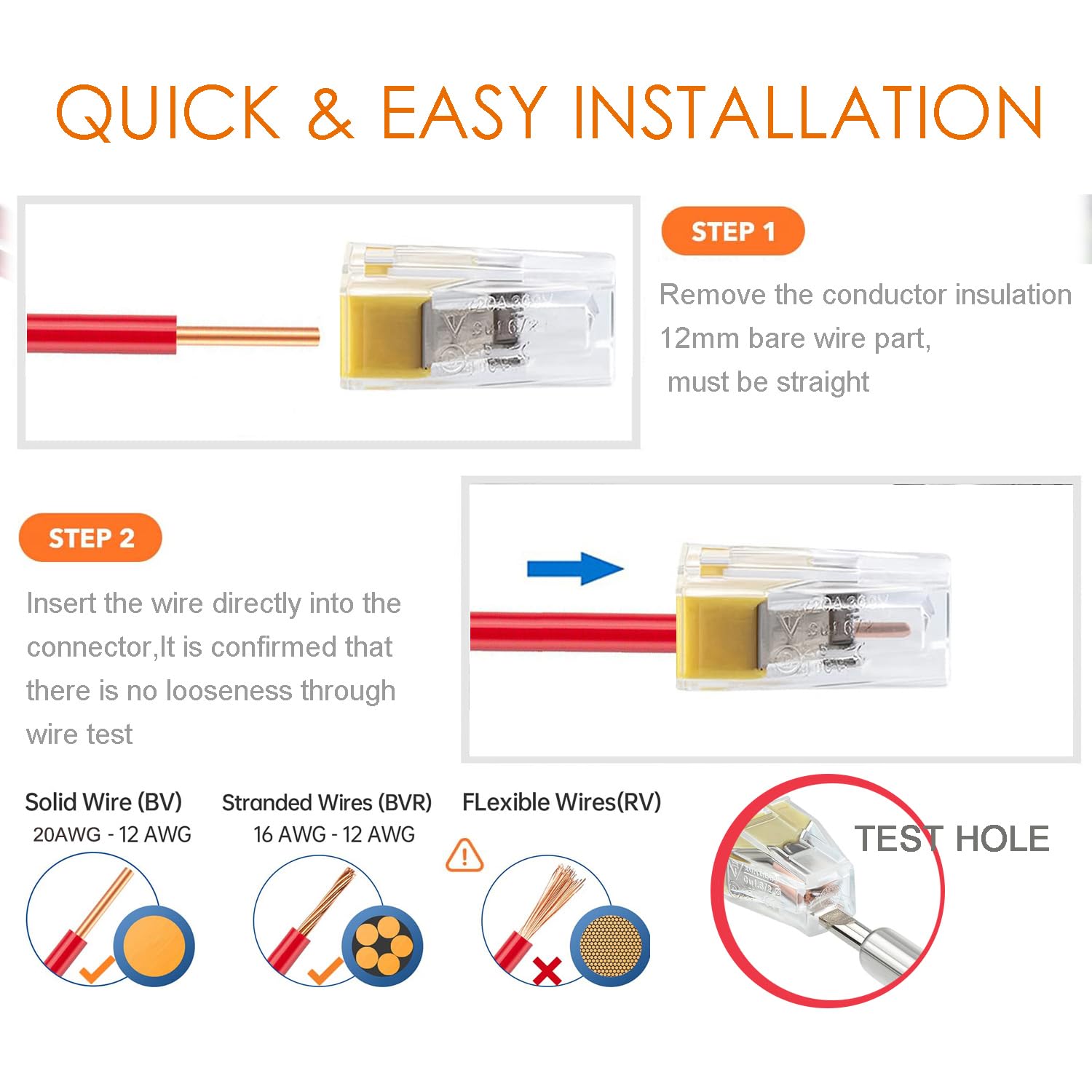100pcs Push-in Wire Connector Splicing Terminals for Solid and Stranded Conductors with 2/4/8 Wires