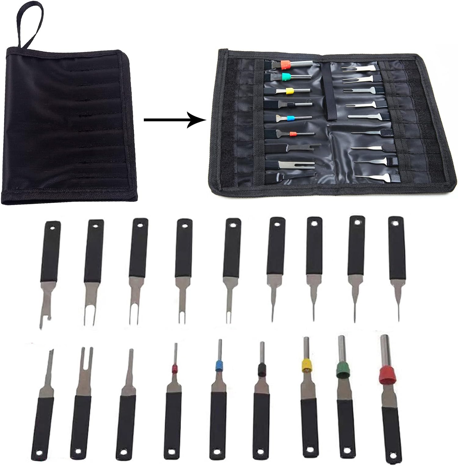 Terminal Extractor, 18 PCS Pin Terminal Removal Tool Kit, Black, Stainless Steel, Pin Connector