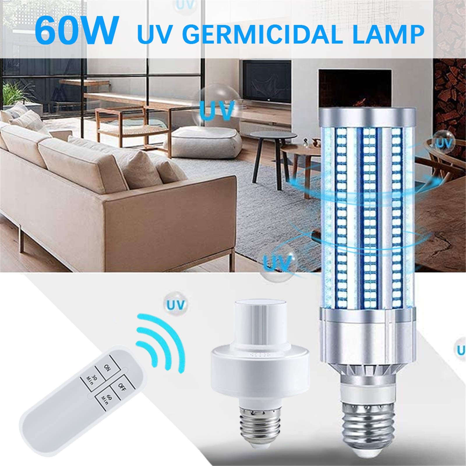60W sterilizzatore UV della lampada, E27 ozono UVC luce del cereale LED lampadina, il 99,9% germicida disinfezione a raggi ultravioletti Lampada, Filtro aria per uso domestico animali,Lamp with remote