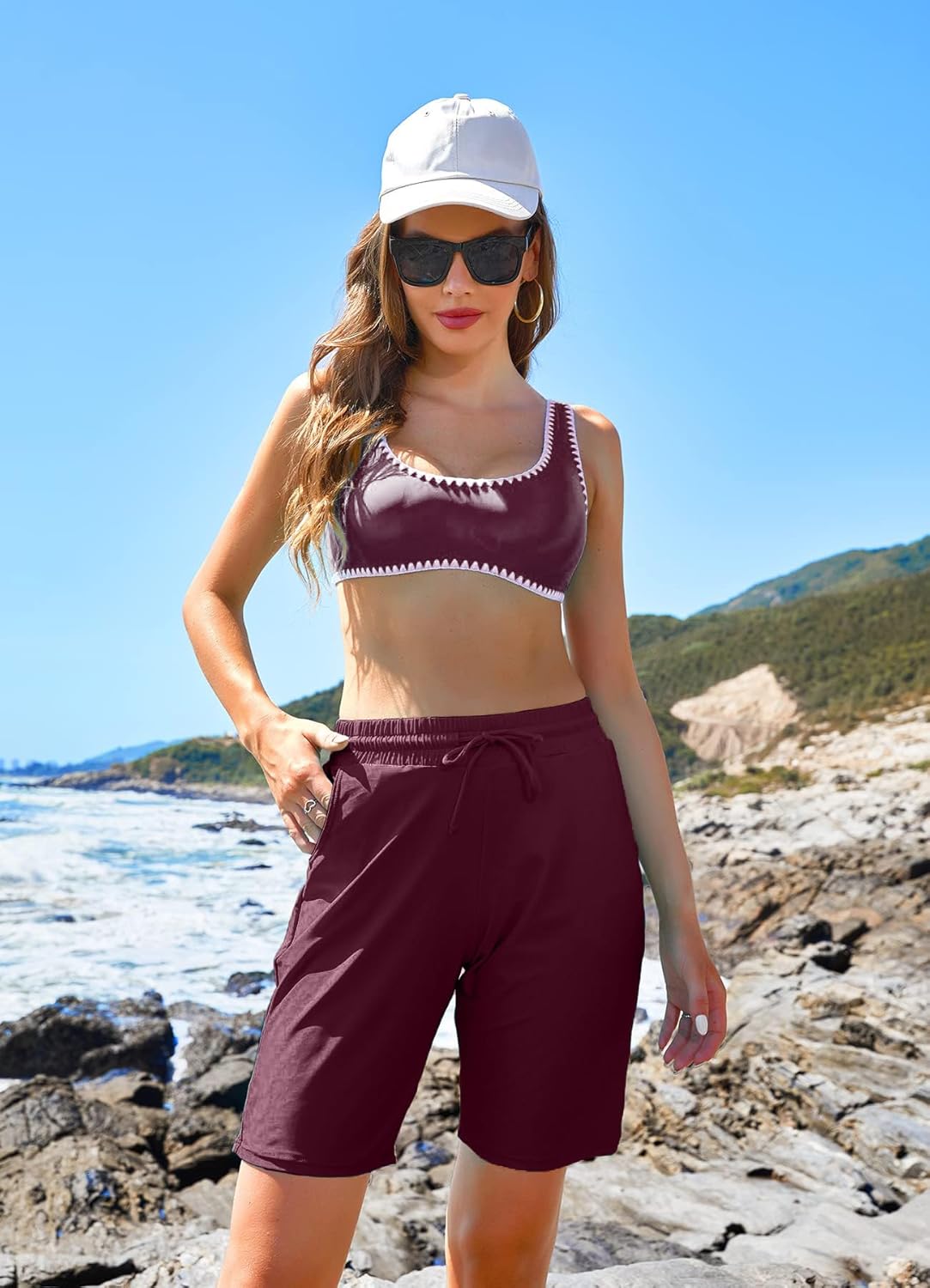 ALove Women's 9" Swim Shorts High Waisted Swim Board Shorts with Pockets UPF 50+ Swimsuit Bottoms Built-in Brief