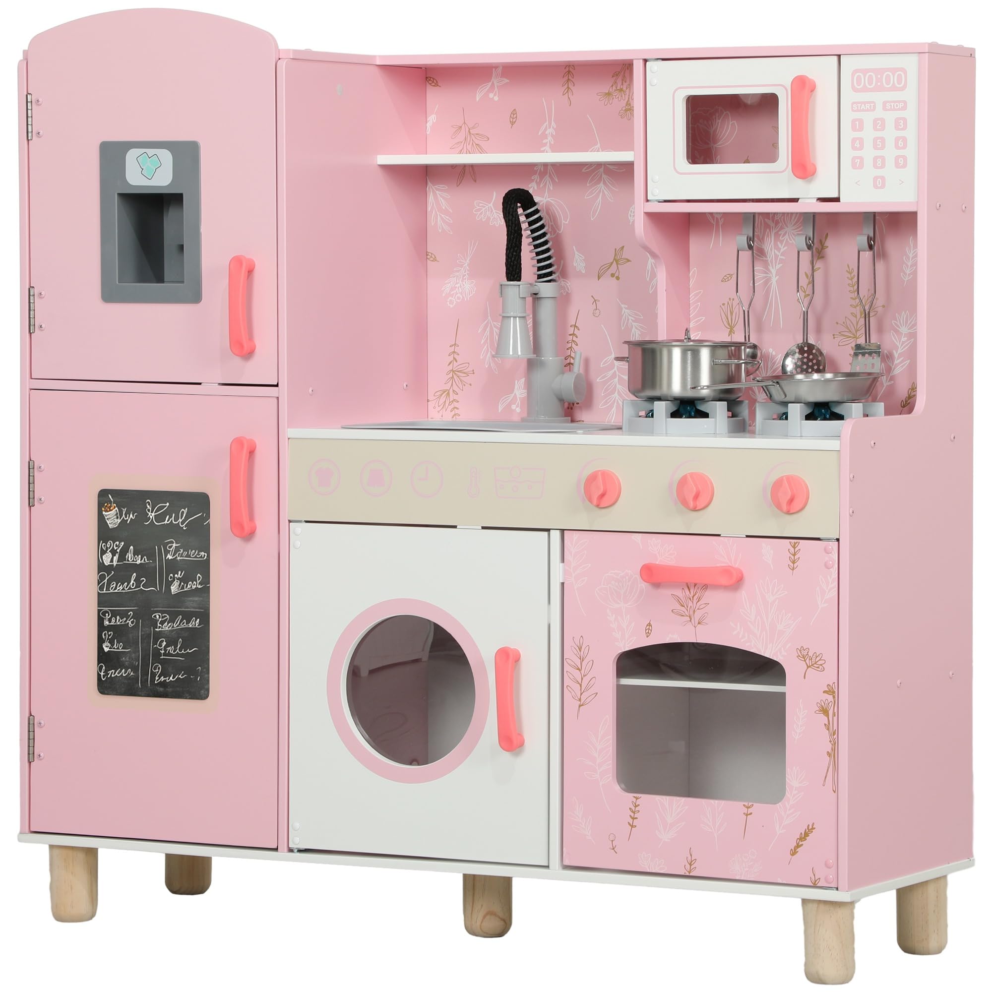 AIYAPLAY Cocina de Juguete para Niños +3 Años Cocina de Madera Infantil Cocinita Infantil con Sonido Fogón Horno Grifo Fregadero Microondas Lavadora Máquina de Hielo y Accesorios Rosa
