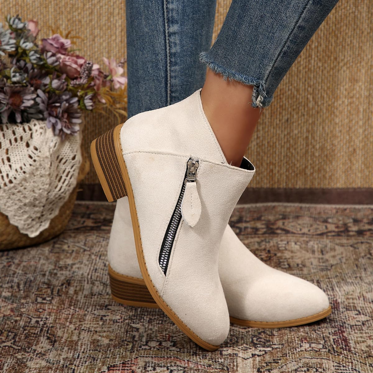 Women's Comfort Walking Ankle Boots - Low Heel Zipper Closure Orthopedic Arch Support Booties, Pointed Toe Chunky Low Heel Suede Booties
