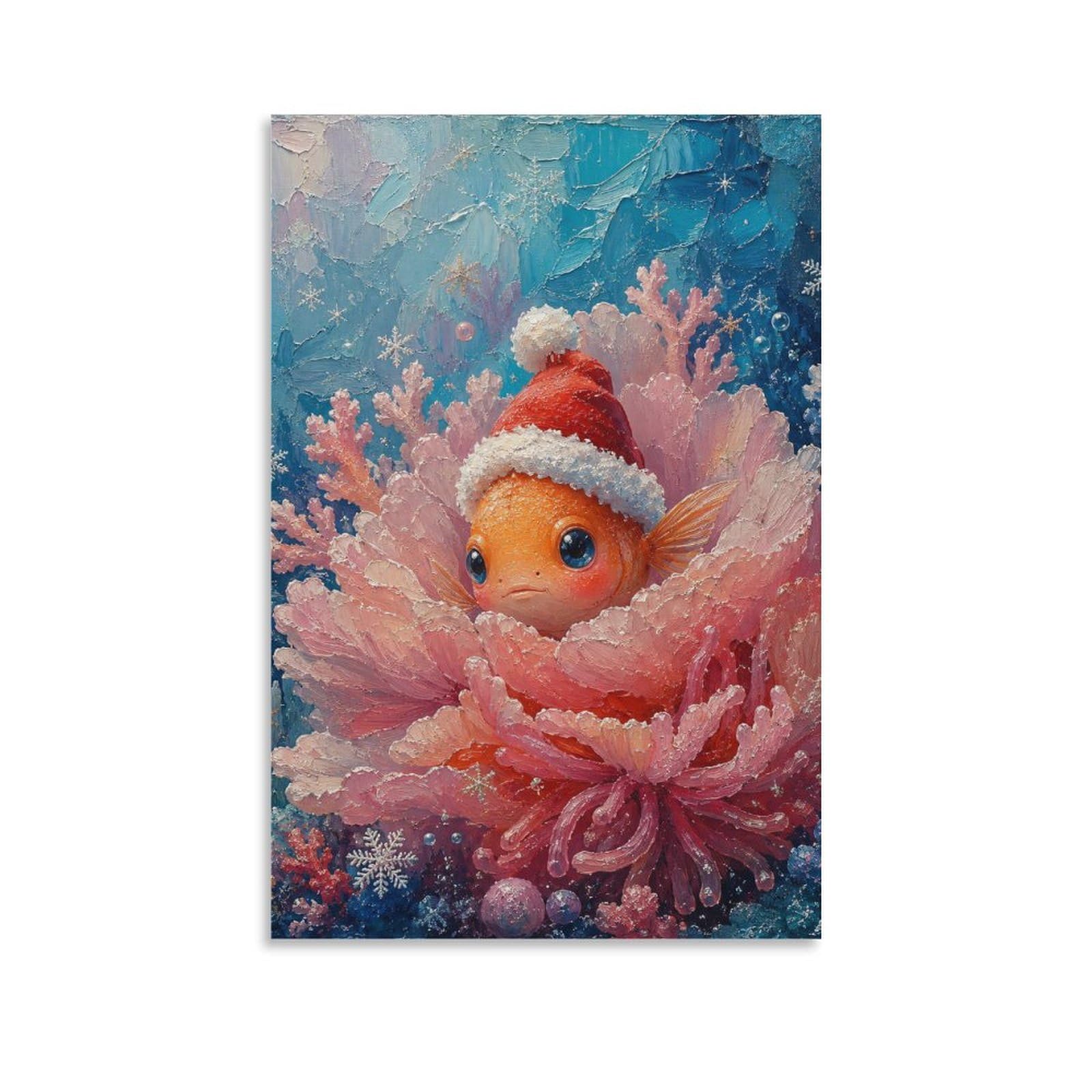 H3B8U2Y5 Clownfish Santa Hat Anemone Canvas Wall Art, Colorful Marine Decor