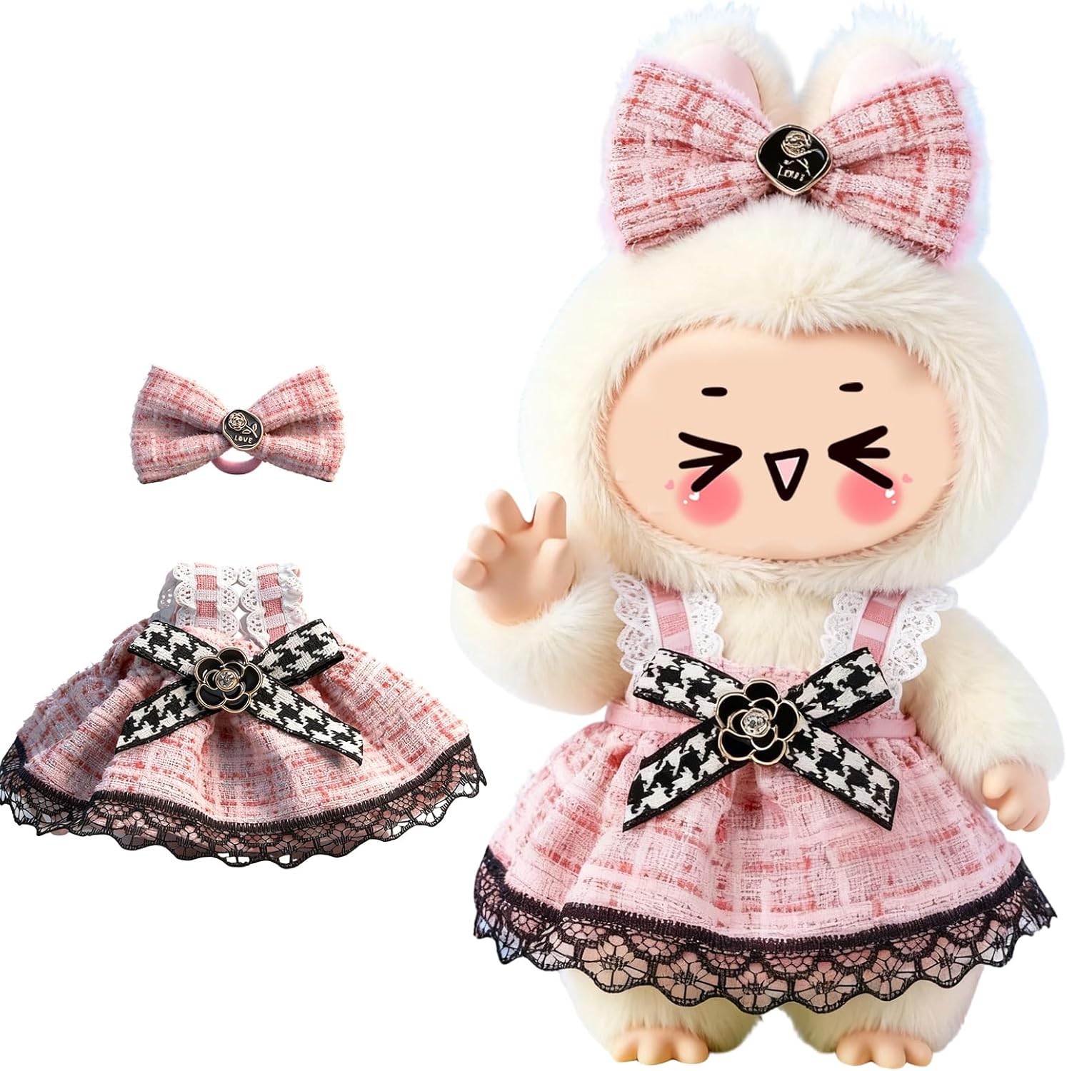 Clothes for LABUBU 6.7inch (17cm) Doll, Cute Outfit Small Dress and Hairpin, Dress Up, Accessories (No Doll) (Blue Kimono)
