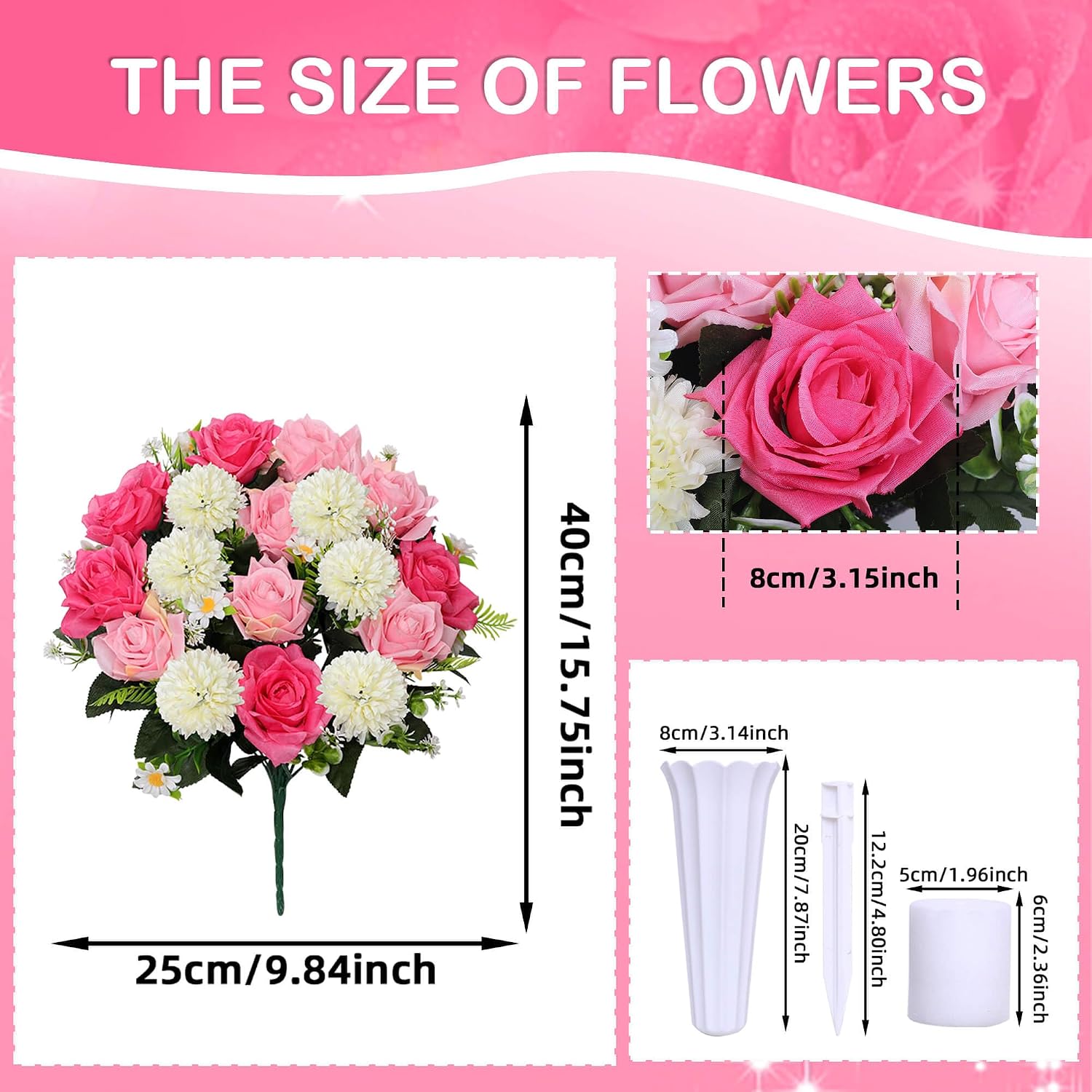 Lodou Set of 2 Artificial Bouquet Grave Memorial Flowers with Vase, Realistic Vibrant Roses,Cemetery Memorial Flowers for Outdoor Tombstone Decorations (Pink)