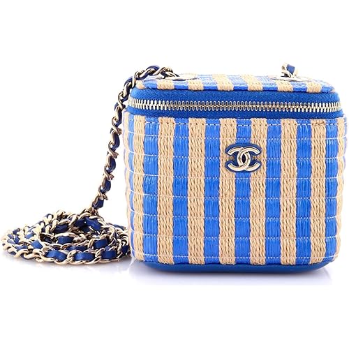 Chanel, Pre-Loved Classic Vanity Case with Chain Striped Raffia and Jute Mini, Blue