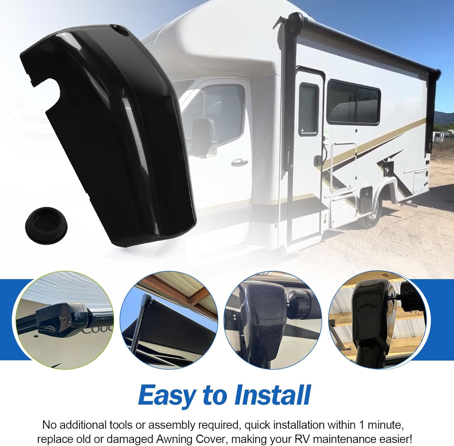 Right RV Awning Motor Cover Compatible with Solera & Lippert Components, 643922 End Cap for RV Awning, Camper Awnings Drive Front Cover Replacement Parts - Black