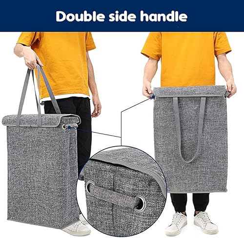 Miniatura 7 de Cesta de lavandería plegable grande de 45 litros con asa, cesta de lavandería portátil con tapa, de algodón y lino, cesta de almacenamiento de ropa