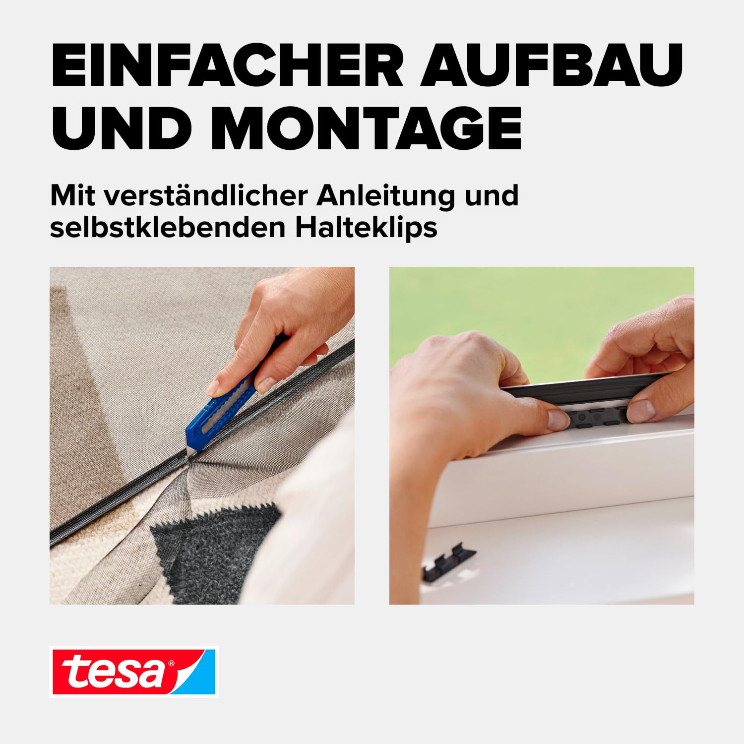 tesa Insect Stop Anklips-Rahmen Fliegengitter für Fenster - für PVC-Fenster - zuschneidbarer Rahmen, Netz aus Fiberglas, Selbstklebende Halte-Klips - 1,0 x 1,2 m - Anthrazit (Durchsichtig)