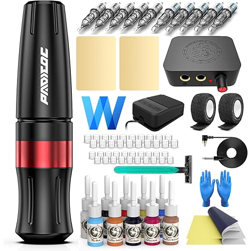 Padieoe Tattoo Gun Rotary Tattoo Kit Tattoo Machine Kit Tattoo Practice Pen Kit with 10pcs Cartridge Needles 20 Ink for Beginners Tattoo Supplies WTK165