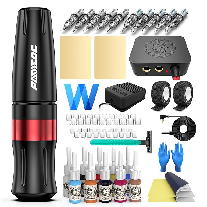 Kit Máquina Tatuar Rotativa Pen WTK165 con Agujas y Tintas