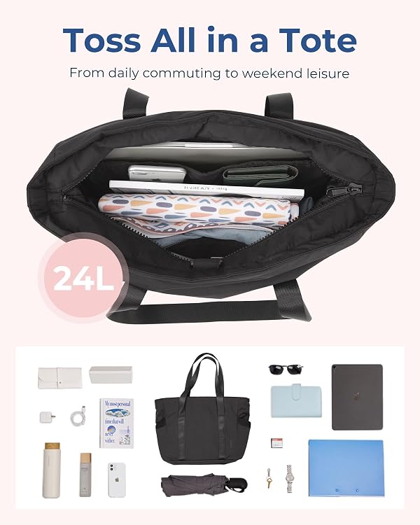BAGSMART Women Tote Bag Large Shoulder Bag Top Handle Handbag with Yoga Mat Buckle for Gym, Work, Black, Medium by bagsmart - Image 3