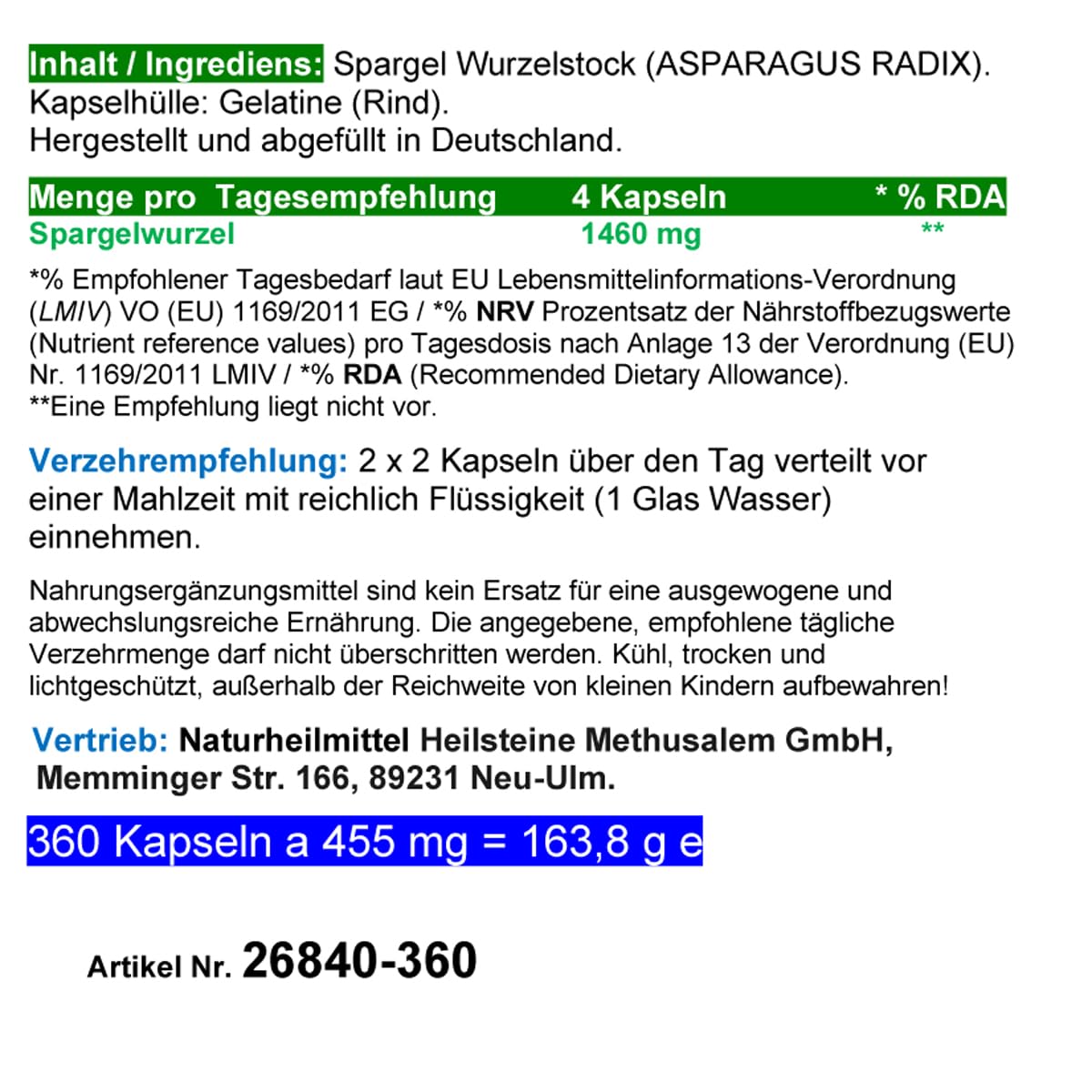 SPARGEL Wurzel SHATAVARI 360 Pulver Kapseln - ASPARAGUS Wirkung nach Ayurveda & Hildegard von Bingen - ADAPTOGEN & natürlicher STRESSKILLER - NATUR PUR - OHNE ZUSATZSTOFFE!! 26840-360