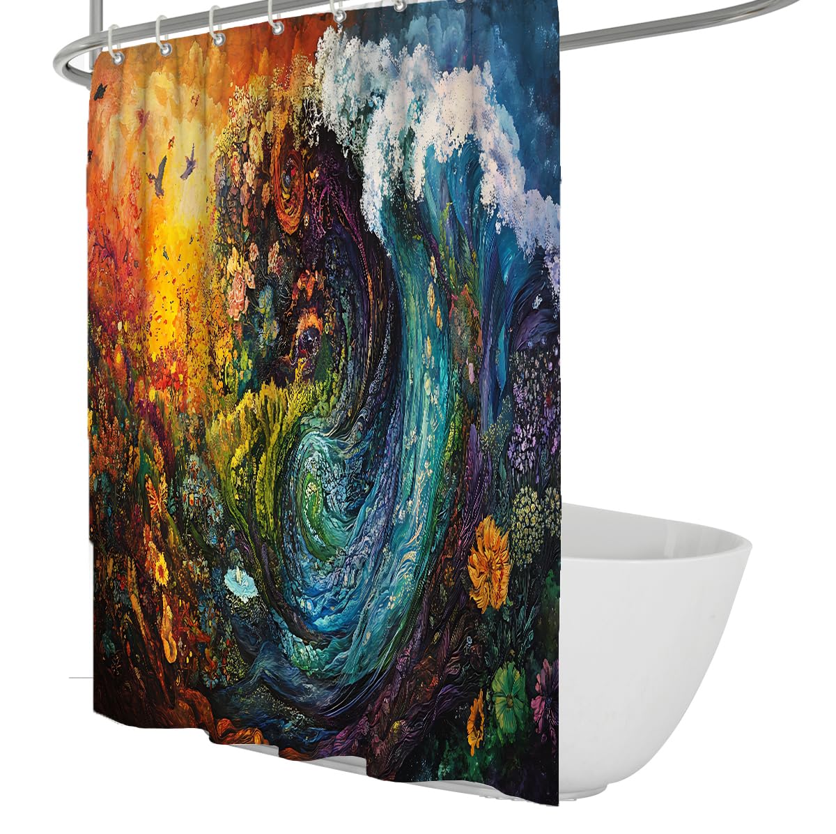 Rideau de Douche Vague d'Océan Tempête en Mer Abstraite Peinture Huile, Paysage Nature Marin Tourbillon Imperméable Séchage Rapide Polyester W200xL200 cm