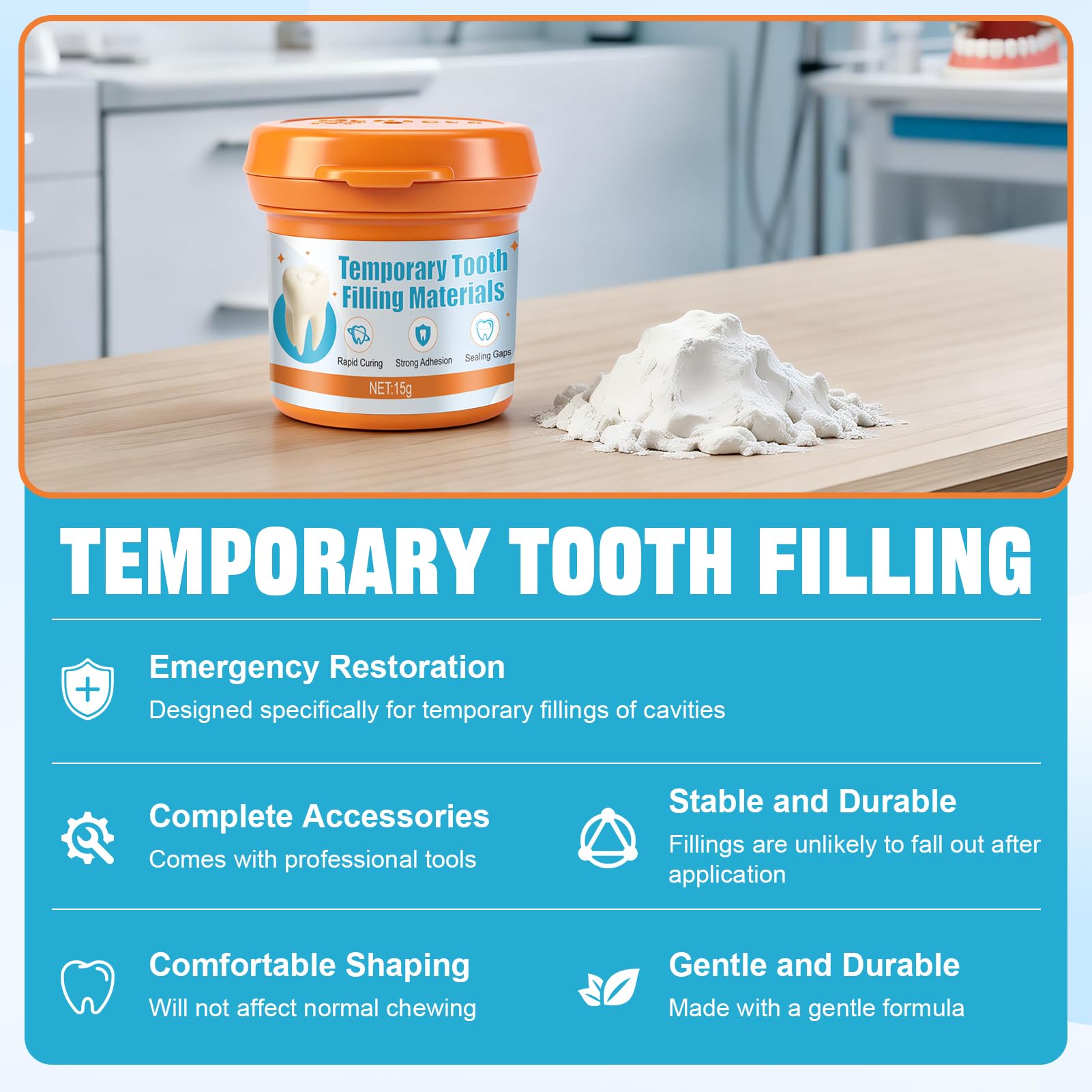 Empaste Dental Profesional, Cemento Dental para Relleno Temporal de Caries y Restauración de Emergencia, 15g