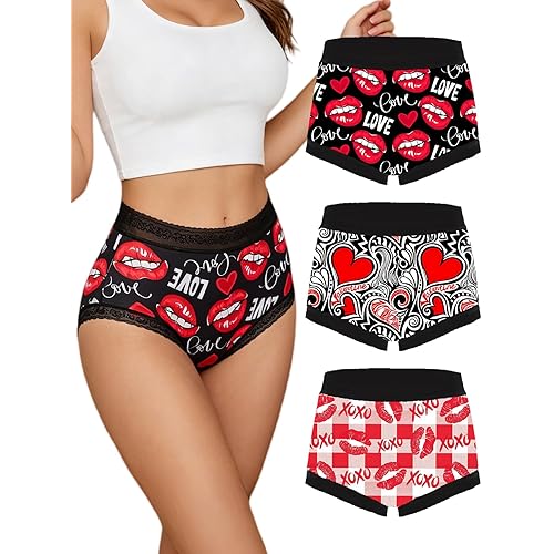 Dircho Women's Gothic Boy Short Panties, 3 Pack Heart & Lip Print Underwear, Romantic Stretchy Lace Trims Brief
