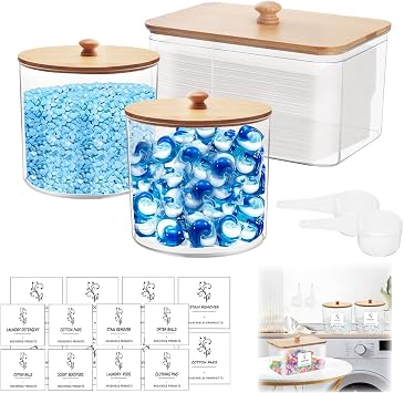 3 Pcs Laundry Detergent Storage, Glass Jars for Laundry Room Organization, Washing Powder Storage Container with 16 Labels for Washing Pods, Scent Booster, Dryer Sheet