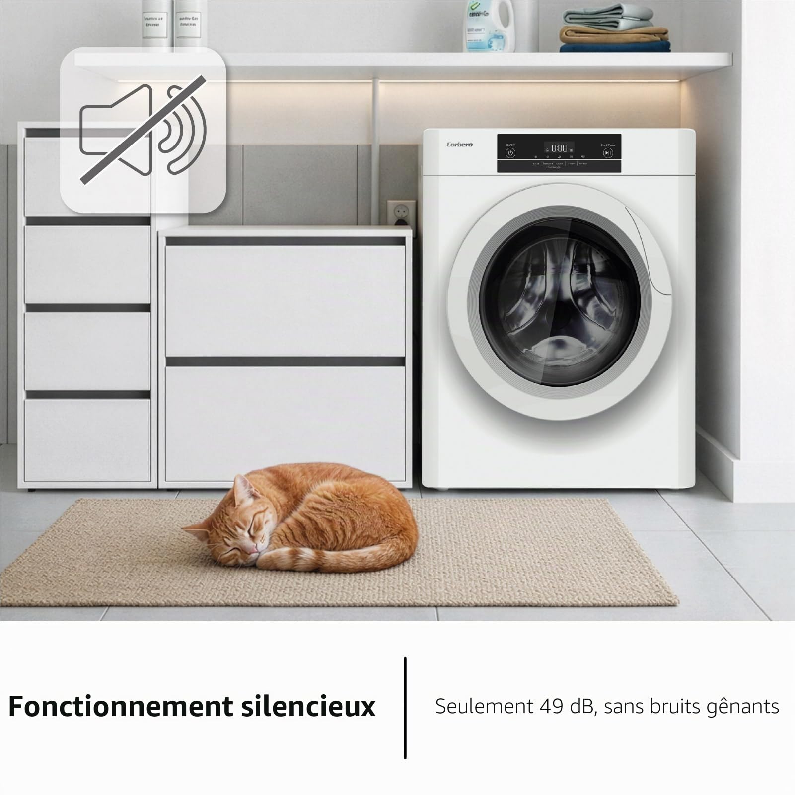 Corberó CSM320W Sèche-linge d'évacuation Charge avant, 3 kg, Évacuation, Affichage LED, Blanc, 5 programmes, séchage rapide 45 min, ouverture 180°, 65dB, Efficacité énergétique C