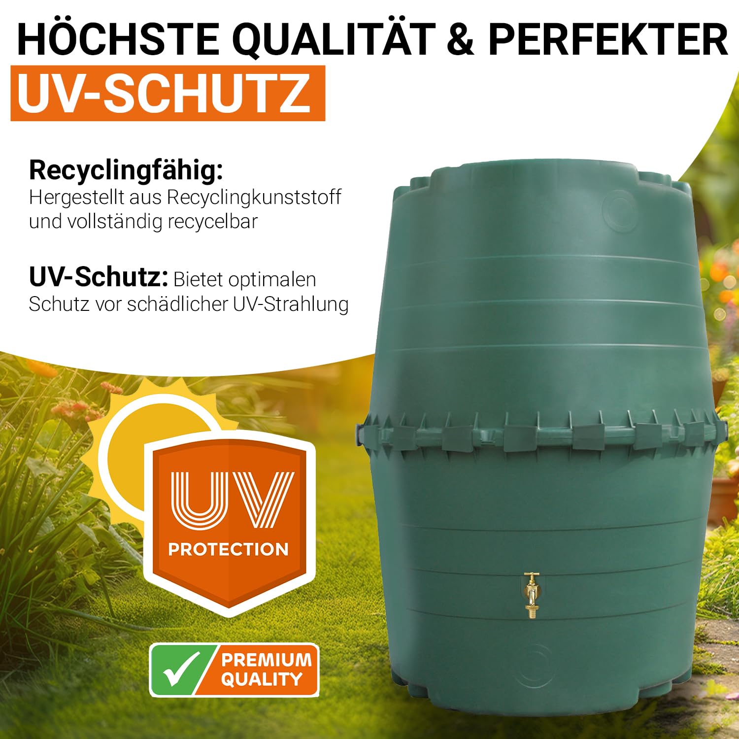 GARANTIA TOP-Tank Regentonne 1300 Liter dunkelgrün - Regenfass, Wassertank, Regenwassertonne, Wassertonnen für Garten, Wasserbehälter, Weithalsfass, Fass, Regenwassertank, Wasserfass