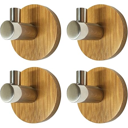 Wall Coat Hooks With Wooden Bamboo Base, Stainless Steel Self Adhesive Wall Towel Hooks For Bathroom Kitchen Home, Decorative Heavy Duty Metal Utility ...