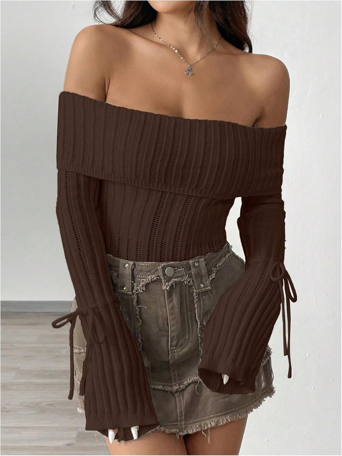 SweatyRocks Women's Off Shoulder Sweater Bell Long Sleeve Flared Bow Tie Slim Fit Knit Tops - Image 3