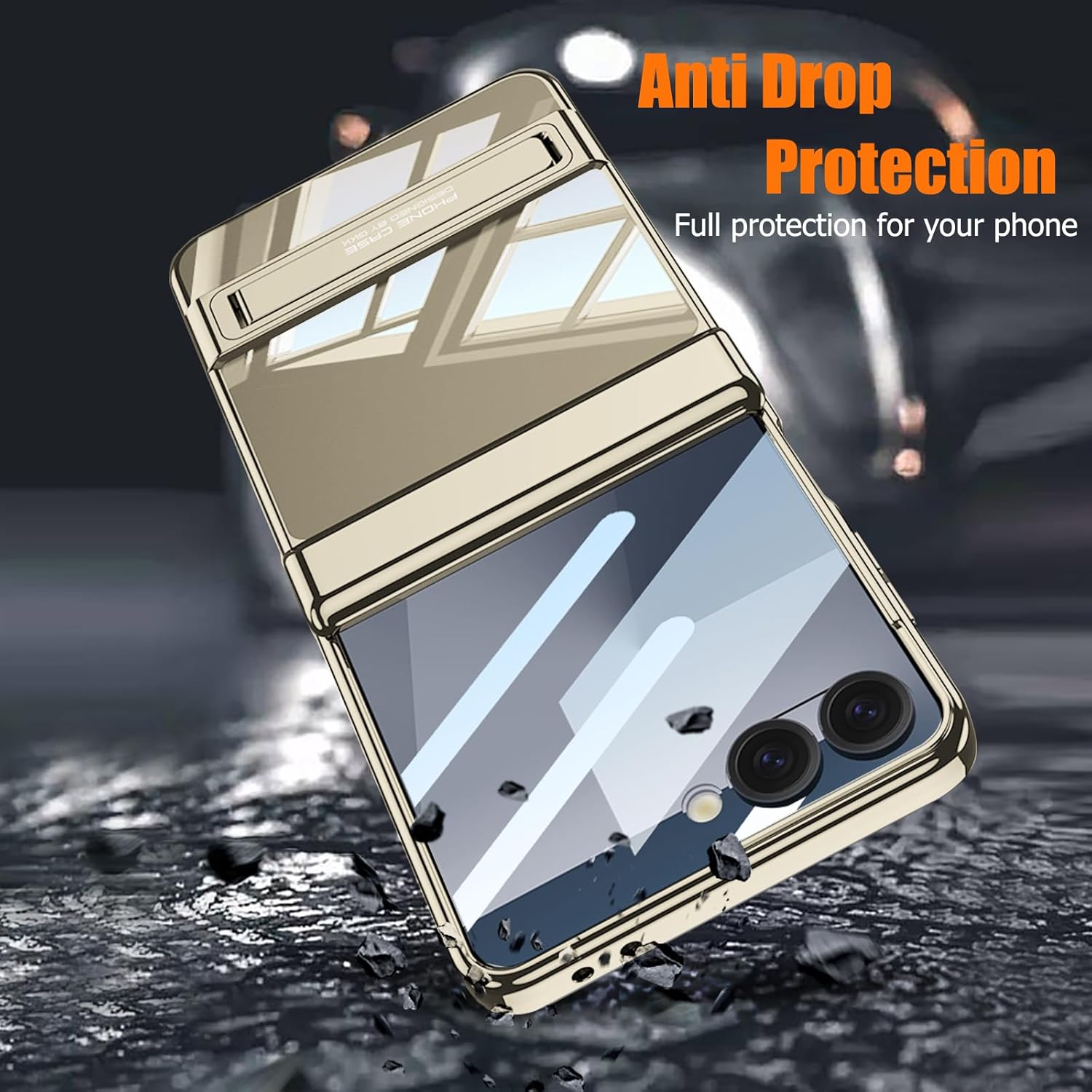 for Samsung Galaxy Z Flip 7 Clear Case with Kickstand & Magnetic Hinge Protection and Screen Protector, Slim Transparent Plating Hard PC Shockproof Cover for Samsung Galaxy Z Flip 7 (Gold)