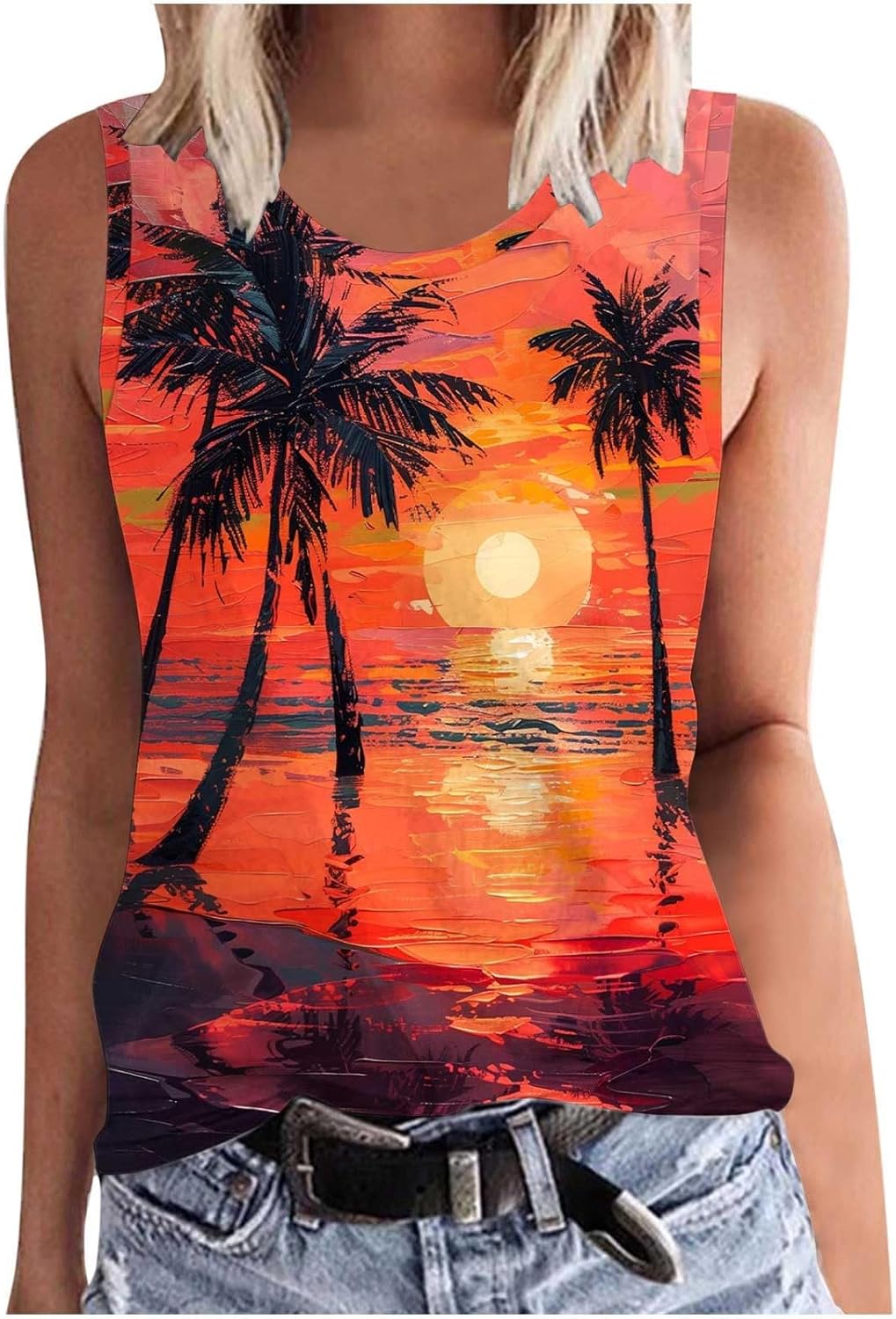 Summer Tank Tops for Women Plus Size Sunset Beach Coconut Palm Print Sleeveless Shirts Hawaiian Casual Vacation Tanks