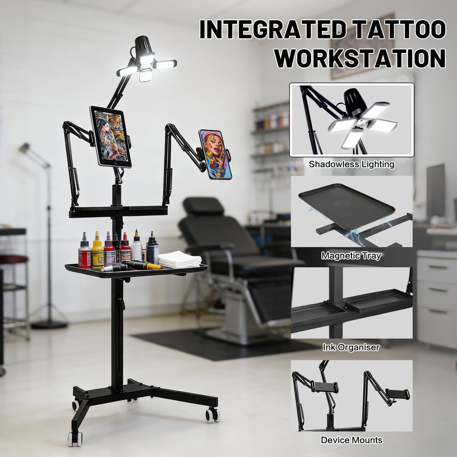 GBK Tattoowagen mit LED-Licht, höhenverstellbarer mobiler Tattoo Tisch mit Tablet- & Handyhalter